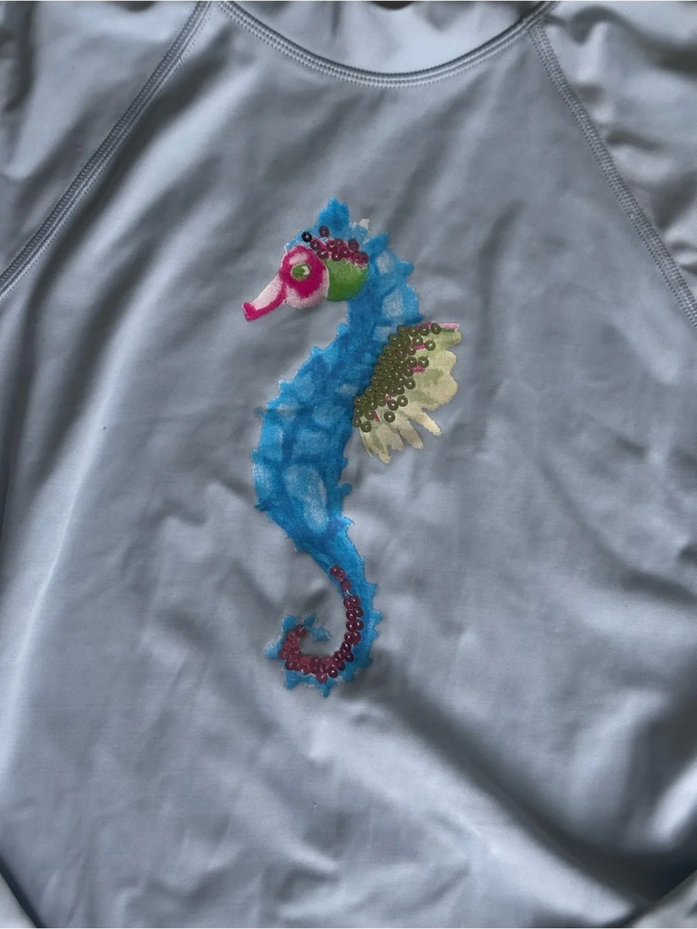 Lands' End Cream Long-Sleeve Rashguard with Blue Seahorse